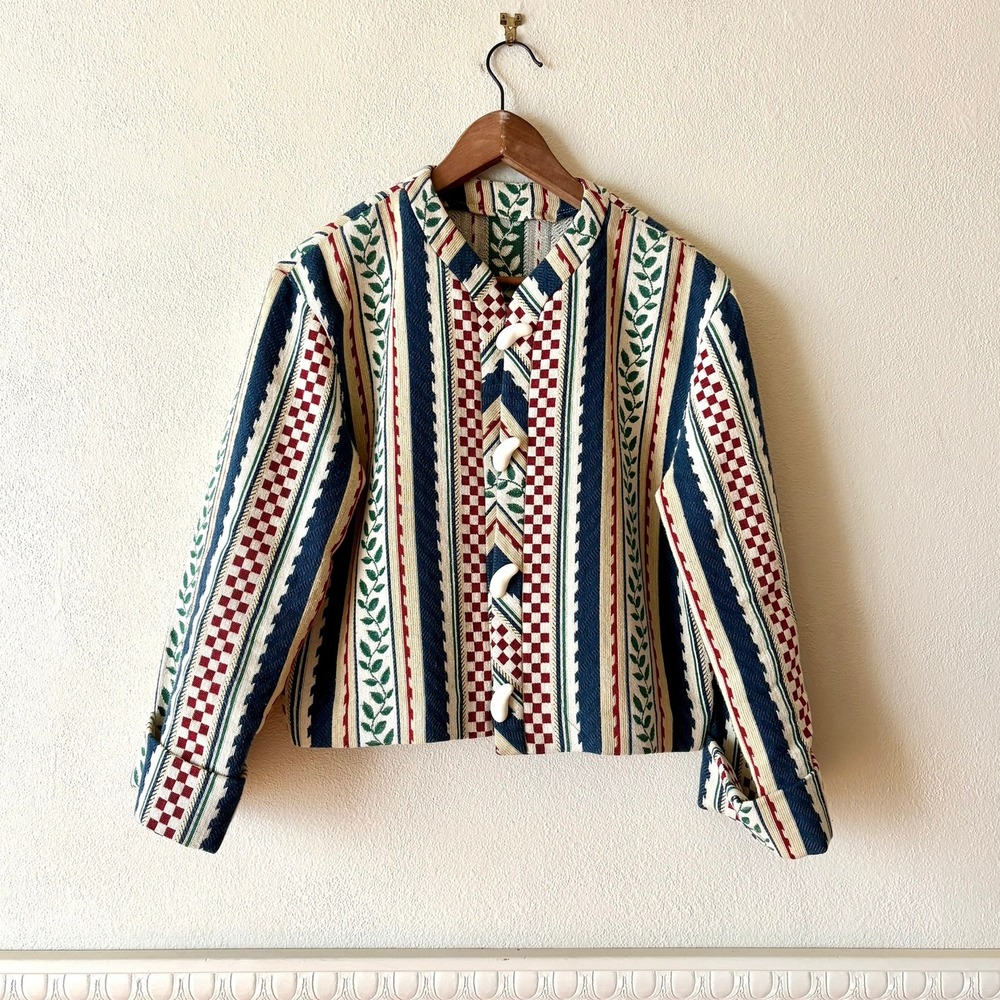Doncaster Vintage Tapestry Jacket 10 Leaf Check Stripe Toggle USA Made 90s Artsy - Picture 5 of 12